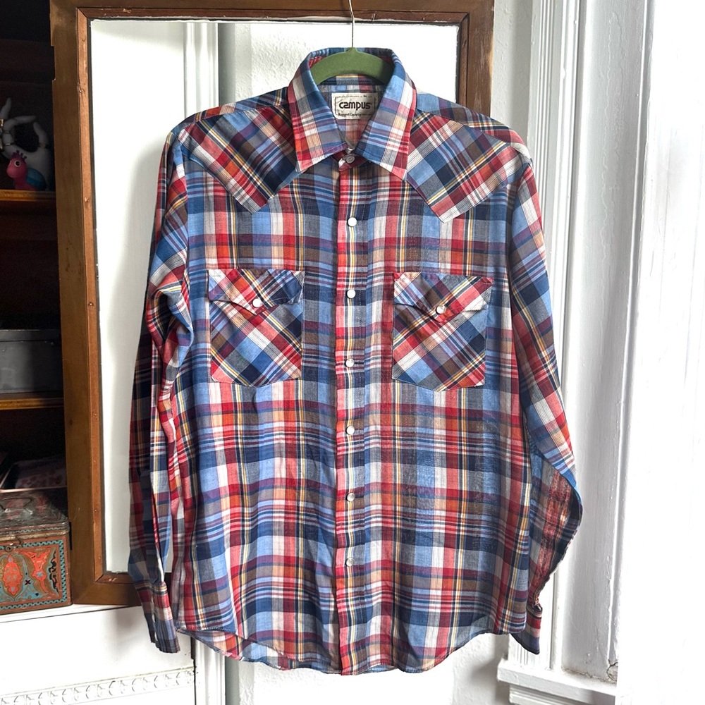 Vintage 70s Campus Rugged Country cowboy button up plaid shirt Medium - Picture 1 of 9
